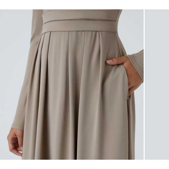 Halara Dress Womens Large Taupe Mock Neck Long Sleeve Pocket Maxi Flare Stretch - Picture 5 of 12